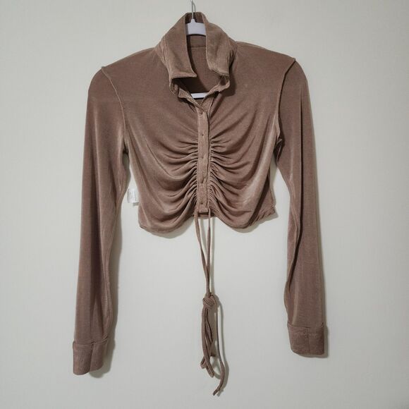 12th Tribe Womens Knit Cropped Button-Up Top Shimmery Brown Long Sleeve Size M - Picture 2 of 7